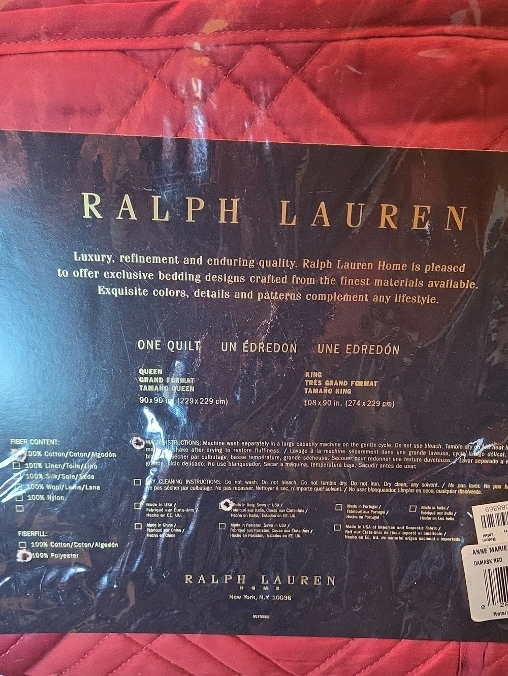 Vintage Ralph Lauren Home 'Anne Marie' King Size Damask Red Quilt